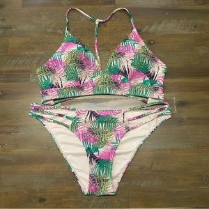 Cabana Del Sol pink and green multicolor floral 2 piece bikini swimsuit